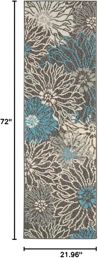 Nourison Passion Charcoal/Blue 1'10" x 6' Area Rug, Floral, Farmhouse, Easy Cleaning, Non Shedding, Bed Room, Living Room, Dining Room, Kitchen, (6' Runner)