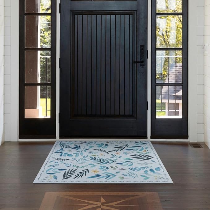 Syalife 2x3 Area Rugs, Non Slip Washable Small Rugs for Entryway, Kitchen, Bathroom, Kids Room, Low Pile Entry Throw Rug Indoor Front Door Mat (Blue Leafy, 2'x3')