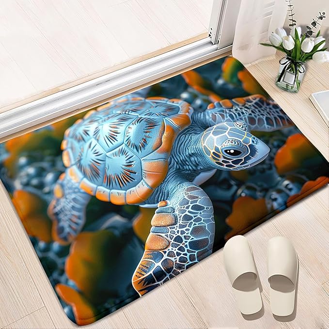 Sea Turtles Rug - Seafloor Turtle Area Rug for Kids 35" L x 23" W Silver Ocean Life Turtles Carpet Rugs for Bedroom Living Room Kids Room Decor