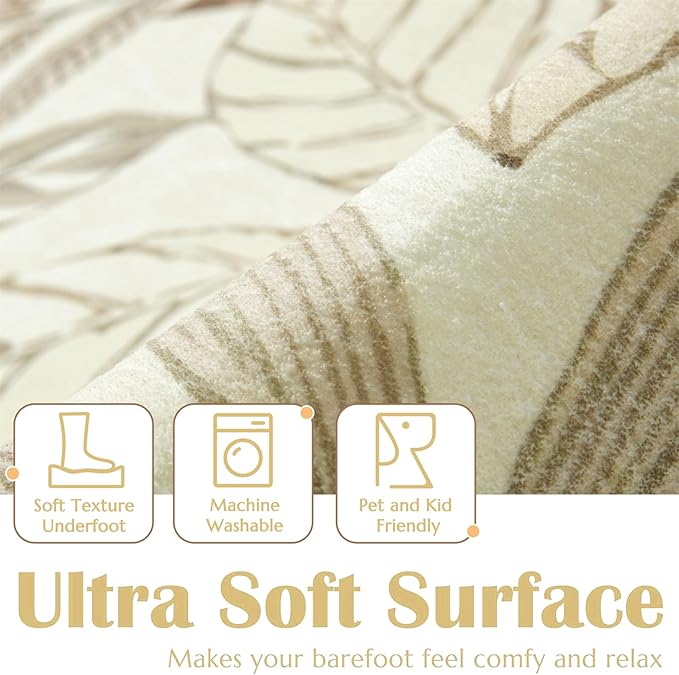 Ultra Thin 3x5 Small Entryway Rugs Indoor Doormat Stain Resistant, Vintage Floral Botanical Plants Throw Area Rugs for Bedroom Kitchen Living Room, Retro Khaki Bathroom Rugs Non Slip