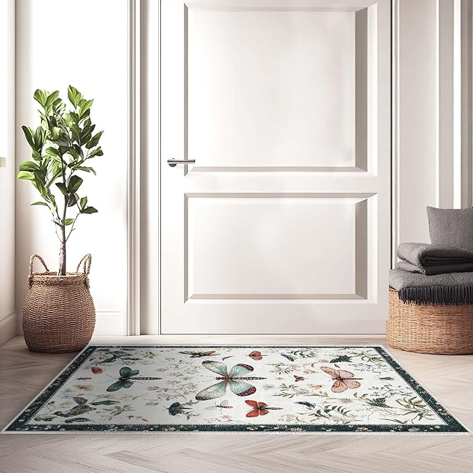 2x3 Entryway Rugs Machine Washable Area Rug Butterfly Nature Botanical Leaf Boho White Rug Non-Slip Low Pile Door Mat Entrance Small Carpet for Home Kitchen Bathroom Bedroom