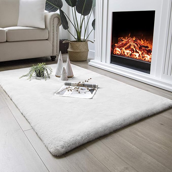 Ashler HOME DECO Ultra Soft Faux Rabbit Fur Chair Couch Cover Area Rug for Bedroom Floor Sofa Living Room White Rectangle 3 x 5 Feet