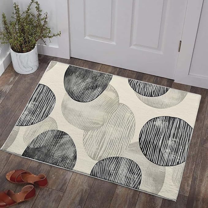 2x3 Entryway Rug Abstract Minimalist Black Beige Circle Neutral Area Rug Ultra-Thin Small Carpet Bathroom Non Slip Indoor Entrance Low Pile Door Mat Kitchen Stain Resistant Washable