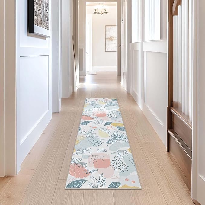 2x6 Kitchen Runner Rug Boho Minimalist Botanical Leaf Hallway Entryway Washable Rugs Non Slip Thin Low Pile Door Mat Entrance Small Carpet for Laundry Bathroom Bedroom