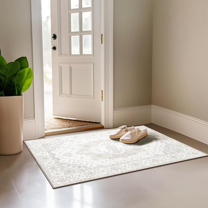 Washable 2x3 Area Rugs, Rugs for Living Room, Low-Pile Water&Stain Resistant Carpet Vintage Distressed Printed Non-Slip Carpet for Bedroom Bathroom Kitchen-Ivory