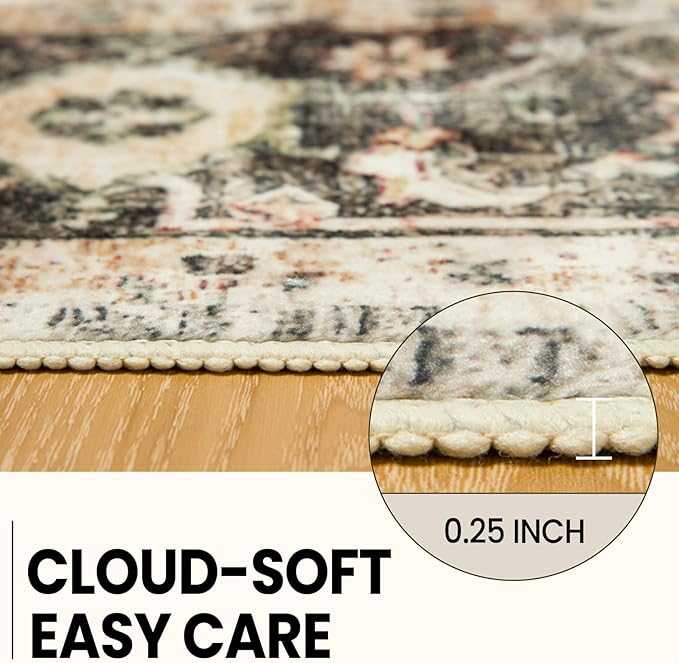 Washable 9x12 Area Rugs, Rugs for Living Room, Low-Pile Water&Stain Resistant Carpet Vintage Distressed Printed Non-Slip Carpet for Bedroom Bathroom Kitchen-Green