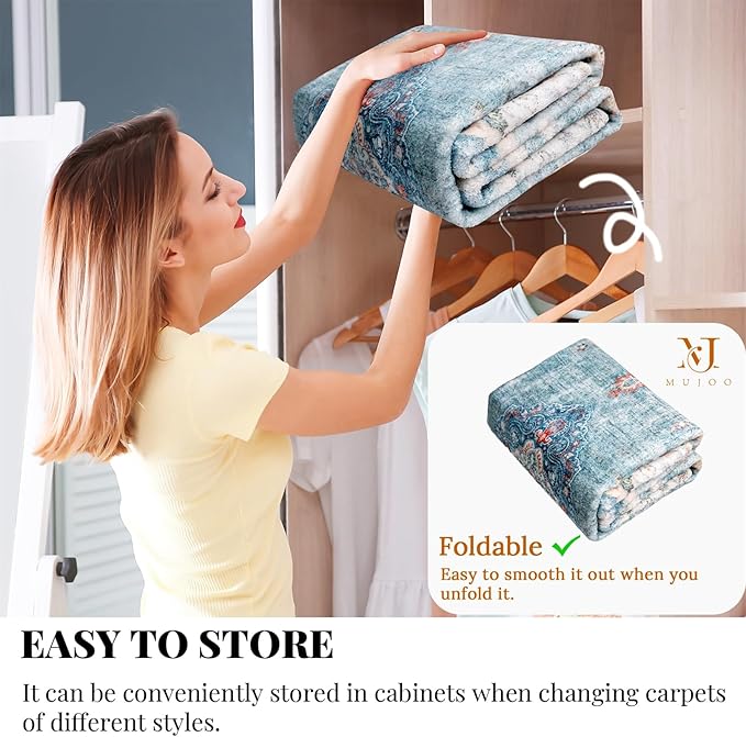 MUJOO Boho Rug 3'x5' Machine Washable Teal Small Area Rugs for Entryway Bedroom Bedside Kitchen Hallway Living Room Laundry Room Indoor Mat Soft Low-Pile Blue Floral Non Slip