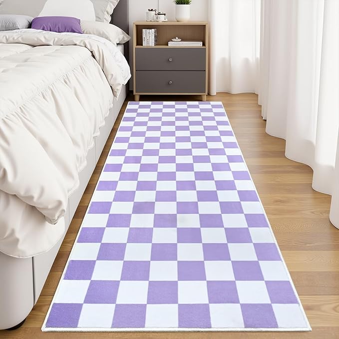Terrug Purple and White Checkered Runner Rug for Bedroom, 2x6 Soft Washable Rug with Non Slip, Low Pile Stain Resistance Carpet for Entryway Hallway Kitchen Laundry Living Room