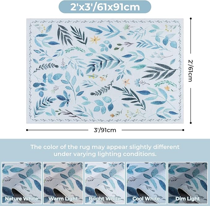 Syalife 2x3 Area Rugs, Non Slip Washable Small Rugs for Entryway, Kitchen, Bathroom, Kids Room, Low Pile Entry Throw Rug Indoor Front Door Mat (Blue Leafy, 2'x3')
