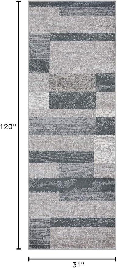 SUPERIOR Indoor Runner Rug, Jute Backed, Modern Geometric Patchwork Floor Decor for Bedroom, Office, Living Room, Entryway, Hardwood Floors, Rockwood Collection, 2' 7" x 10', Blue-Taupe