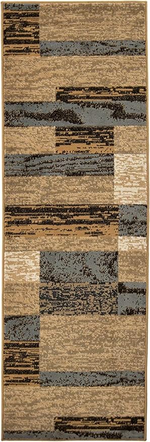 Superior Indoor Runner Rug, Jute Backed, Modern Geometric Patchwork Floor Decor for Bedroom, Office, Living Room, Entryway, Hardwood Floors, Rockwood Collection, 2' 7" x 8', Light Blue-Beige