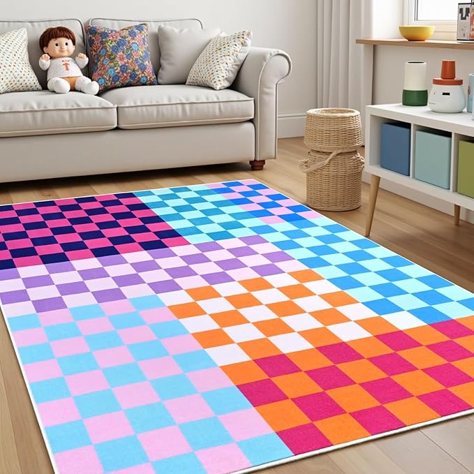 Terrug Multicolored Checkered Rug for Living Room Bedroom, 3x5 Soft Washable Area Rug with Non Slip, Low Pile Stain Resistance Carpet for Kids Room Entryway Kitchen Dorm