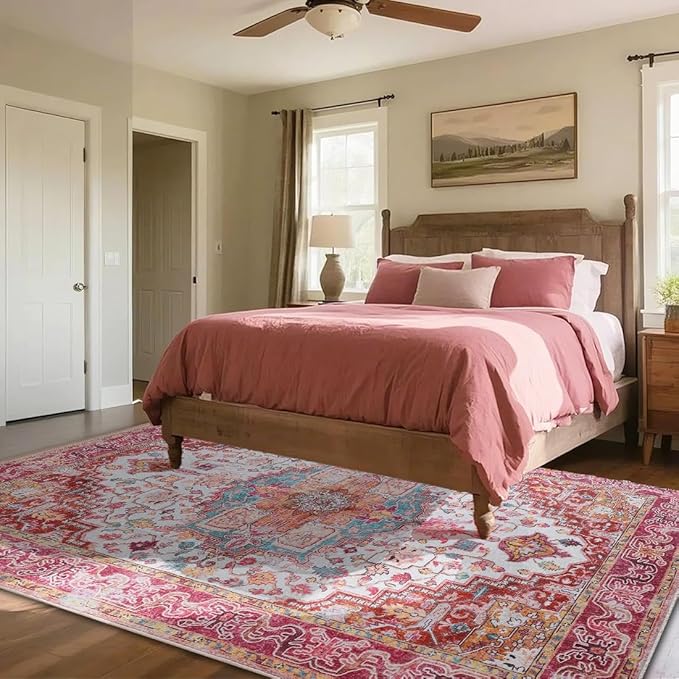 Washable Area Rugs 3x5, Low Pile Carpet, Non-Slip Vintage Distressed Rug for Bedroom, Living Room, Dining Room, Entryway, Magenta