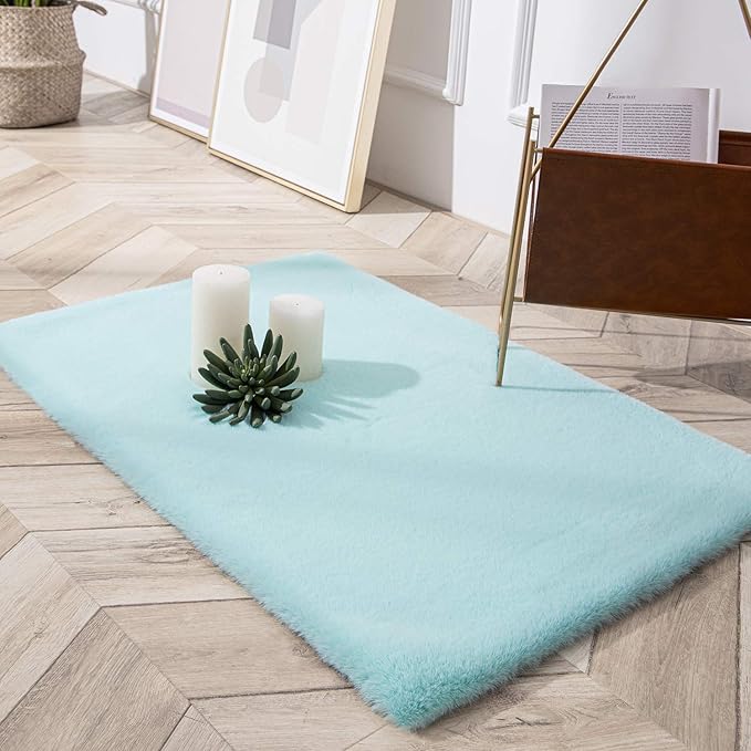 Ashler HOME DECO Ultra Soft Faux Rabbit Fur Chair Couch Cover Area Rug for Bedroom Floor Sofa Living Room Turquoise-Rectangle 2 x 3 Feet