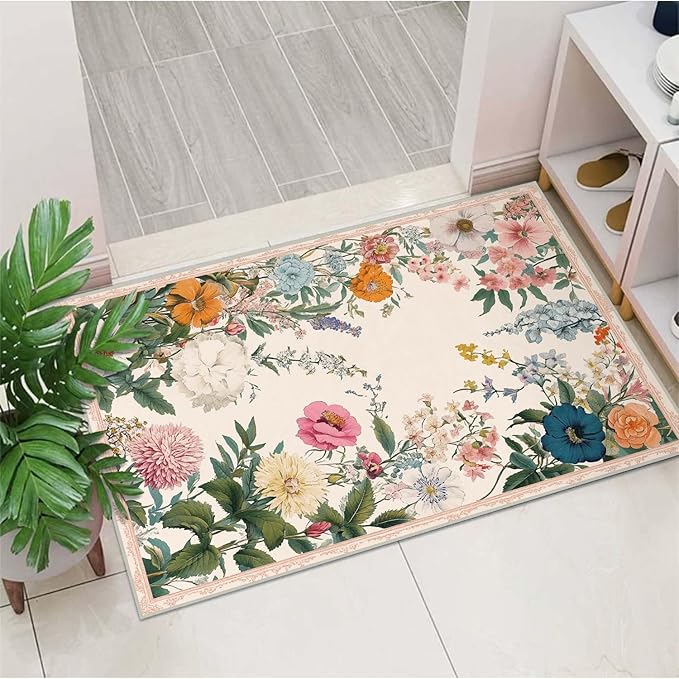 2x3 Entryway Rugs Machine Washable Area Rug Blue Yellow Pink White Floral Boho Botanical Leaf Flower Rug Non-Slip Low Pile Door Mat Entrance Small Carpet for Home Kitchen Bathroom Bedroom