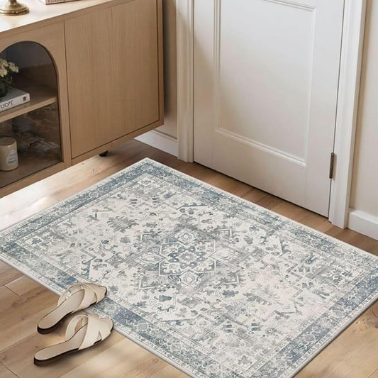 2x3 Door Mat Indoor Entrance, Washable Non Slip Kitchen Bathroom Rugs, Ultra-Thin Throw Small Rug for Front Door/Indoor Entrances, Blue Grey