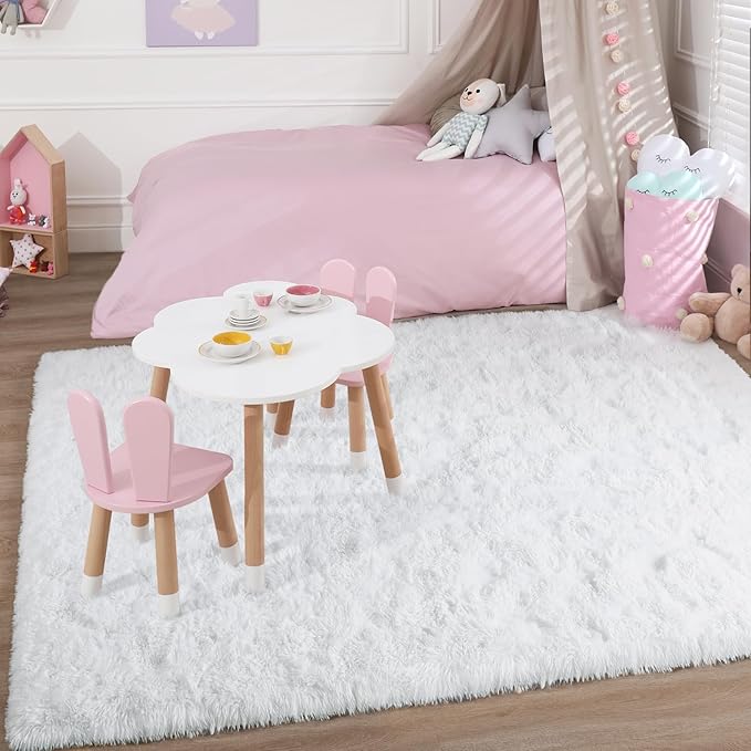 YJ.GWL Area Rugs for Living Room Bedroom, 4x6 Machine Washable Large White Carpet, Soft Fluffy Shaggy Thick Big Shag Indoor Floor Rug for Kids Boy and Girls Room Dorm Home Decor Aesthetic