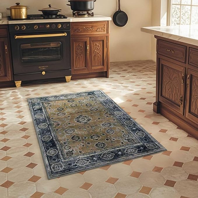 2x3 Oriental Entryway Rug,Washable Non-Slip Small Rugs for Entryway, Ultra-Thin Design for Front Door, Bathroom, Kitchen,Black & Yellow Door Mat