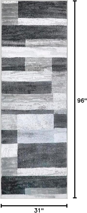 Superior Indoor Runner Rug, Jute Backed, Modern Geometric Patchwork Floor Decor for Bedroom, Office, Living Room, Entryway, Hardwood Floors, Rockwood Collection, 2' 7" x 8', Charcoal