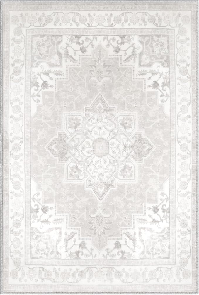 BESTSWEETIE 9x12 Area Rugs for Living Room, Washable Ultra Soft Boho Vintage Print Pattern Rug Non Slip Low Pile Carpet for Dining Room Bedroom Entryway Indoor-Light Grey