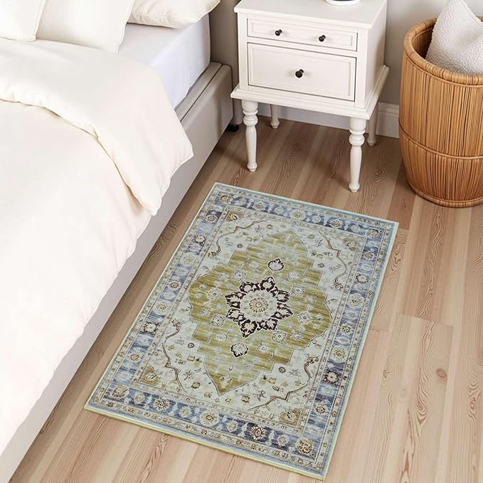 Vintage Entryway 2x3 Rug, Machine Washable Small Medallion Area Rug, Soft Non-Slip Stain Resistance Boho Throw Rugs, Low-Pile Indoor Door Mat for Kitchen Bedroom Hallway Entry, Green