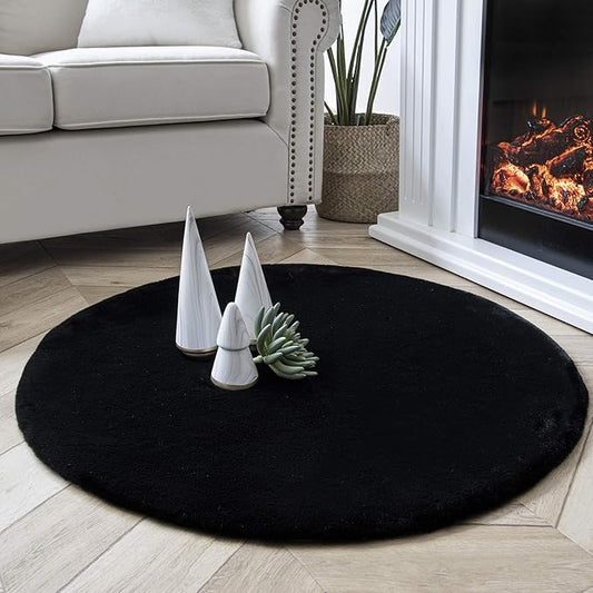 Ashler HOME DECO Ultra Soft Faux Rabbit Fur Chair Couch Cover Area Rug for Bedroom Floor Sofa Living Room Black Round 3 x 3 Feet