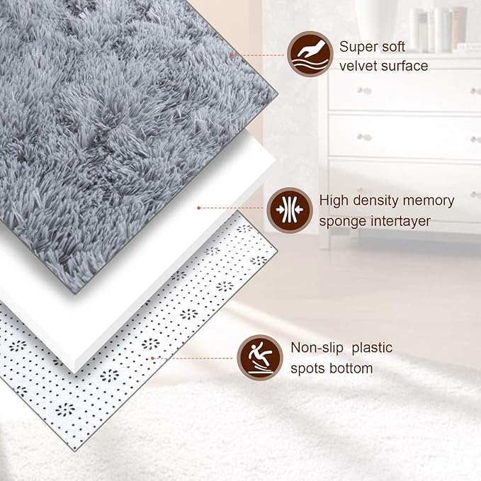 TWINNIS Super Soft Shaggy Rugs Fluffy Carpets 9x12 Feet, Indoor Modern Plush Area Rugs for Living Room Bedroom Kids Room Nursery Home Decor, Upgrade Anti-Skid Rectangular Fuzzy Rug, Grey