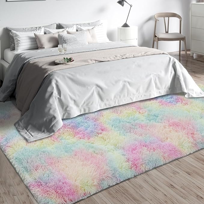 Shag Area Rugs for Bedroom Living Room,8X10 Ultra Soft Fluffy Area Rugs for Dorm,Indoor Carpet Nursery Rugs for Kids Girls Room Home Decor,Rainbow