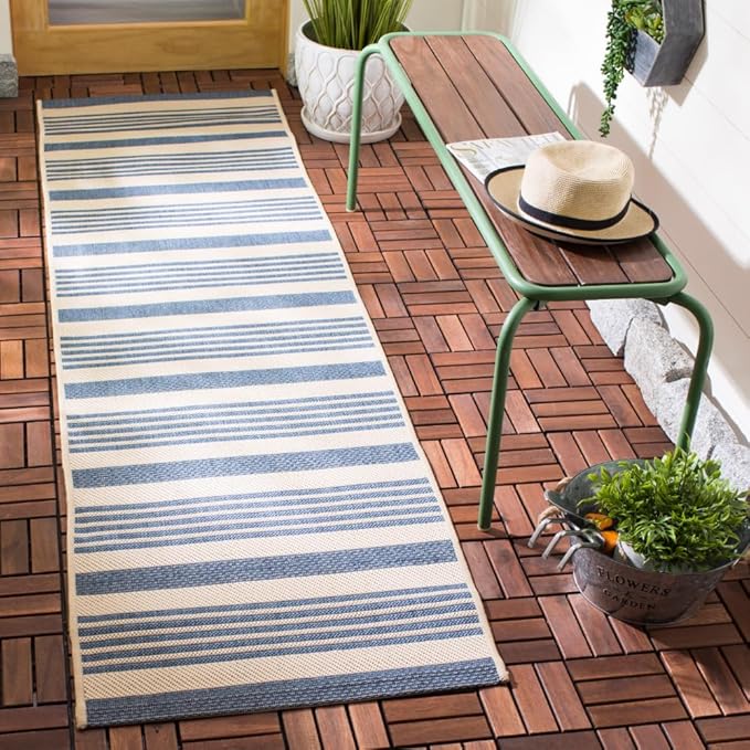 SAFAVIEH Courtyard Collection Runner Rug - 2'3' x 16', Beige & Blue, Non-Shedding & Easy Care, Indoor/Outdoor & Washable-Ideal for Patio, Backyard, Mudroom (CY6062-233)