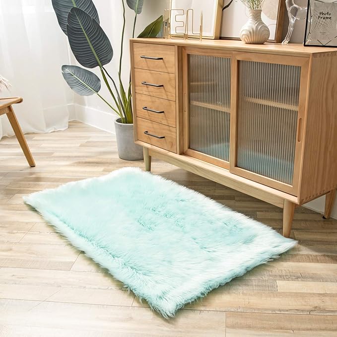 Ashler faux fur rug, Fluffy Shaggy Area Rug Ultra Soft 2.2 x 4 Feet Rectangle Fur Rug, Turquoise Fuzzy Rug Machine Washable Shag Rug, Nursery Decor Throw Rugs for Bedroom, kids room, Living Room