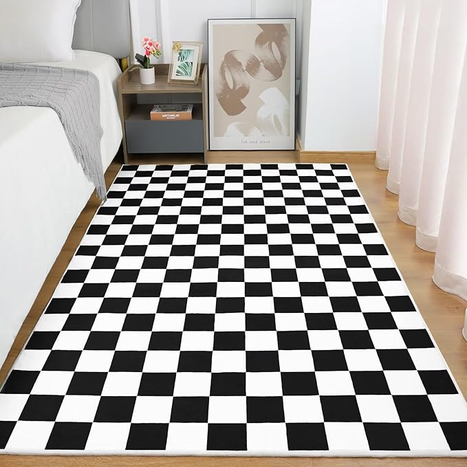 Terrug Black and White Checkered Rug for Living Room Bedroom, 3x5 Soft Washable Area Rug with Non Slip, Low Pile Stain Resistance Carpet for Kids Room Entryway Kitchen Dorm
