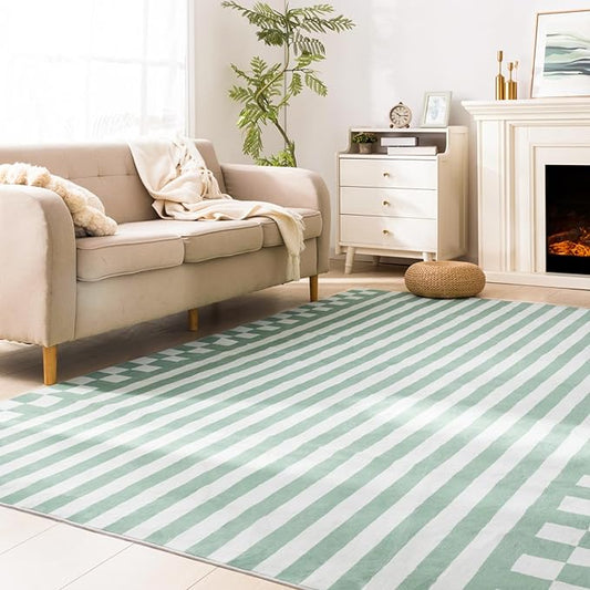 Carvapet Green Rugs for Living Room, Soft Striped Modern Boho Low Pile Large Carpet with Rubber Backing, Foldable, Non Slip Machine Washable (12 x 9 Feet Rectangular, Green Area Rug)