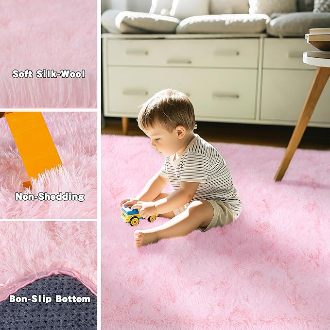 Pink Fluffy Rug for Bedroom 6x9 ft - Ultra Soft & Non Slip Shaggy Area Rug, Comfy Durable Carpet for Living Room Kids Room Teens Dorm Home Decor, 1.7'' Thick Indoor Plush Carpets