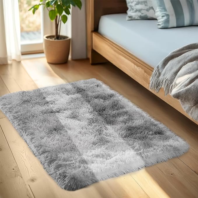 Zentavio Bedside Rugs Small 2x3 Shag Entry Entrance Rugs Soft Bedroom Carpet Area Rugs for Dorm College Essentials Non-Slip Living Room Throw Rug Home Decor Aesthetic Nursery Tie-Dyed Grey White