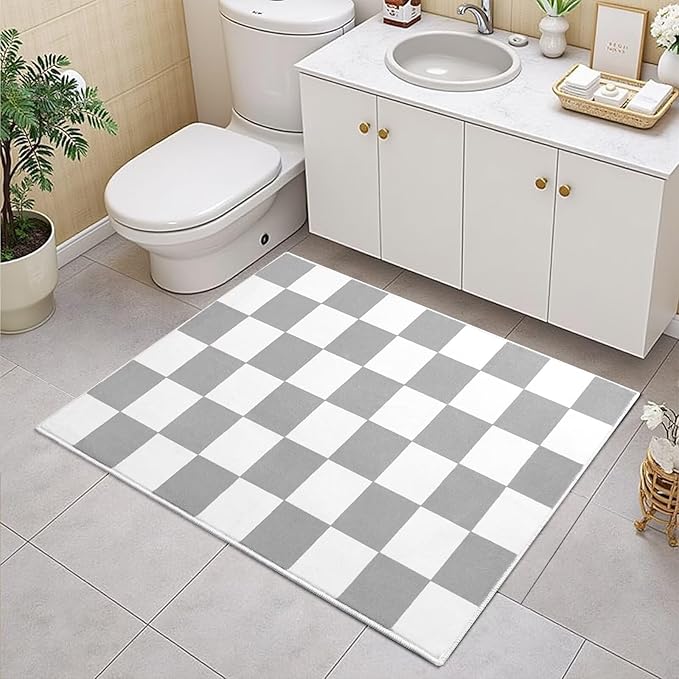 Terrug Grey and White Small Checkered Rug for Bedroom, 2x3 Soft Washable Rug with Non Slip Backing, Low Pile Throw Carpet for Entryway Hallway Kitchen Laundry Room