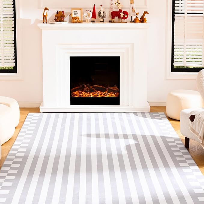 Carvapet Gray Rugs for Living Room Bedroom, Striped Low Pile Modern Large Carpet with Rubber Backing, Foldable, Non Slip Machine Washable (9 x 6 Feet Rectangular, Grey Area Rug)
