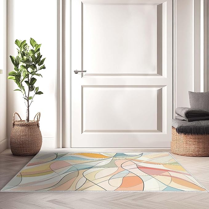 2x3 Entryway Rugs Machine Washable Area Rug Blue Yellow Pink White Modern Abstract Colorful Rug Non-Slip Low Pile Door Mat Entrance Small Carpet for Home Kitchen Bathroom Bedroom
