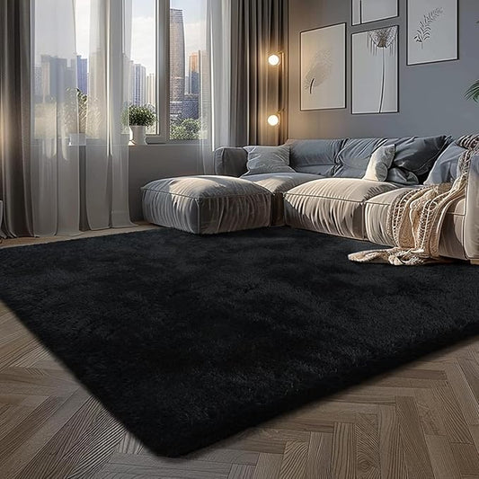 Fluffy Rug Shaggy Area Rug, Black 4x6 Area Rugs for Bedroom, Small Bedside Rug, Soft Fluffy Shaggy Entryway Throw Rugs for Living Room Bedroom Kids Room Home Decor