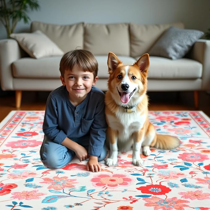 Area Rugs for Living Room 6x8 Non-Slip Carpet Washable Boho Rug Vintage Low Pile Carpet Print Home Rugs for Bedroom Kids Room Playroom Dining Room Home Office Farmhouse,Khaki