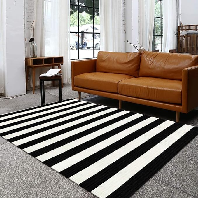 Seavish Black and White Striped Rug, 5x7 ft Living Room Rugs Farmhouse Cotton Woven Washable Area Rug Indoor Outdoor Patio Rugs Large Modern Floor Carpet Area Rug for Entryway Porch Dining Room