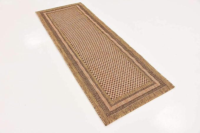 Unique Loom Outdoor Border Collection Area Rug - Multi Border (2' 2" x 6' Runner, Light Brown/ Brown)