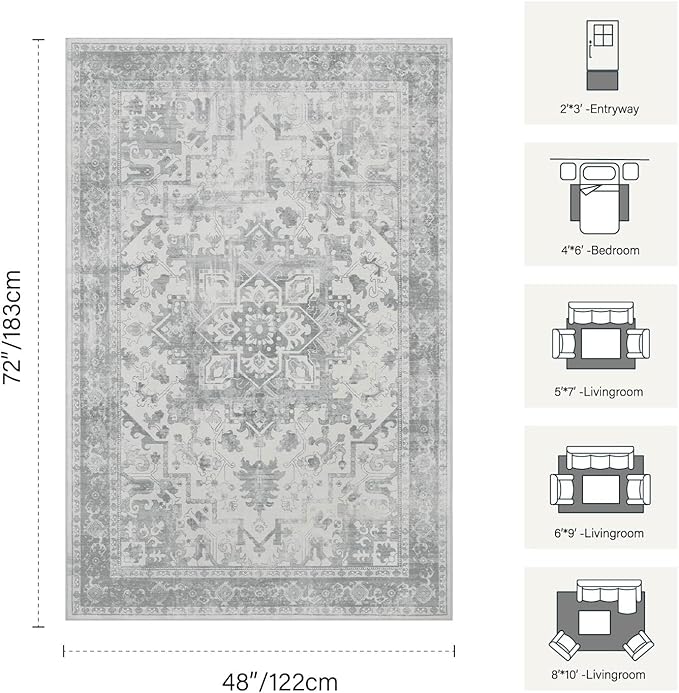 4x6 Washable Area Rug for Living Room, Neutral Vintage Boho Rugs for Office, Dining Room, Kids Room, Farmhouse, Durable Low Pile Non Slip Carpet for High Traffic Areas, Light Grey