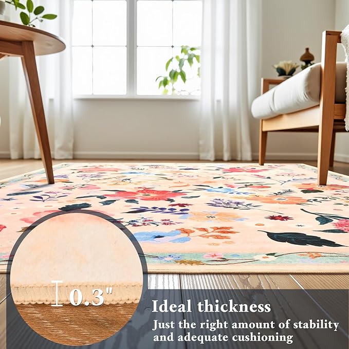 2x3 Small Floral Rug for Entryway, Flowers Printed Washable Rugs with Non Slip Backing for Girls Bedroom Kitchen, Cute Throw Carpet Front Door Entry Decor, Peach White