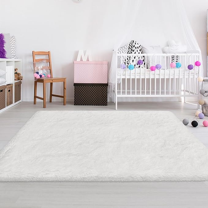 White Fluffy Rug for Bedroom Living Room, 4x6 Furry Cream Area Rug Soft Fuzzy Shag Carpet for Boys Girls Room Dorm Dresser Bedside, Plush Thick Throw Kids Shaggy Rug Non-Slip for Nursery