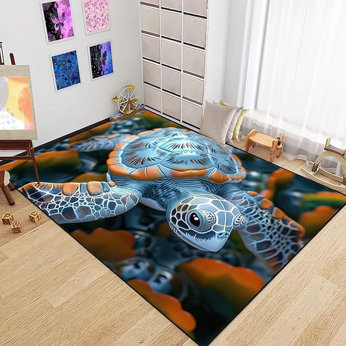 Sea Turtle Rug for Bedroom - Sea Turtle Ocean Animal Prints Carpet Rug for Kids Boys Silver Underwater Ocean Theme Decor, 80" L x 58" W