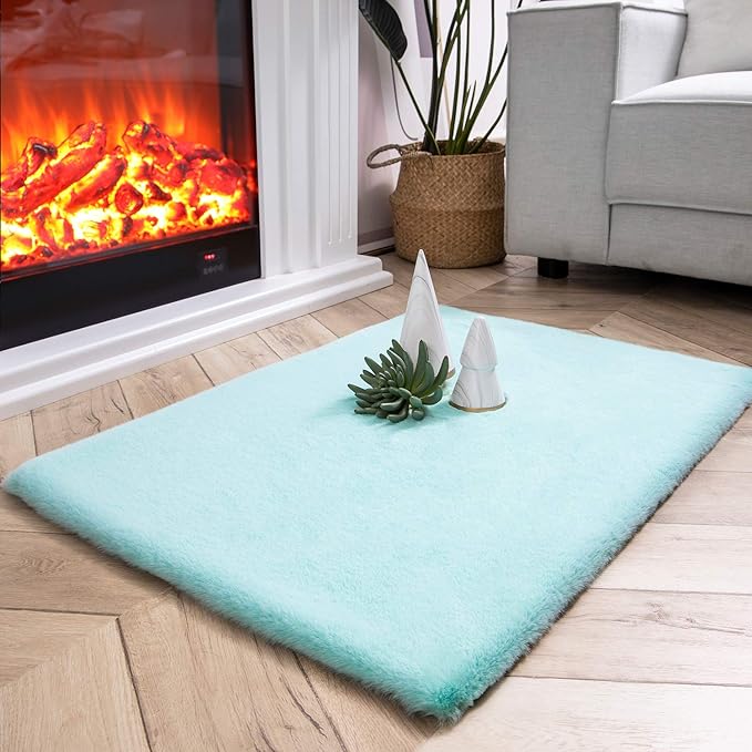 Ashler HOME DECO Ultra Soft Faux Rabbit Fur Chair Couch Cover Area Rug for Bedroom Floor Sofa Living Room Turquoise-Rectangle 2 x 3 Feet