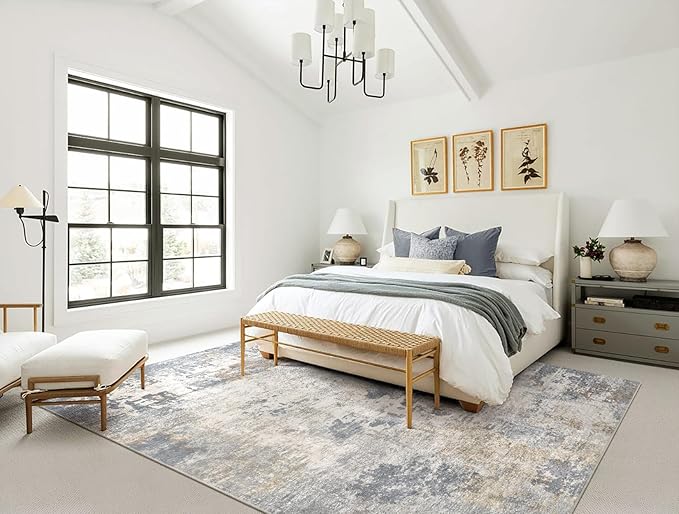 9x12 Area Rug Living Room Rugs - Washable Neutral Modern Abstract Soft Thin Large Rug Indoor Floor No Slip Rug Carpet for Bedroom Under Dining Table Home Office Decor - Blue Grey