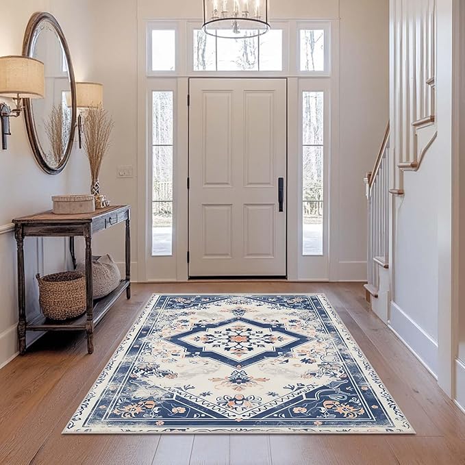 4x6 Rug Vintage Oriental Navy Blue Boho Beige Area Rug Bedroom Thin Low Pile Large Carpet Living Room Non Slip Dining Room Office Stain Resistant Washable Machine