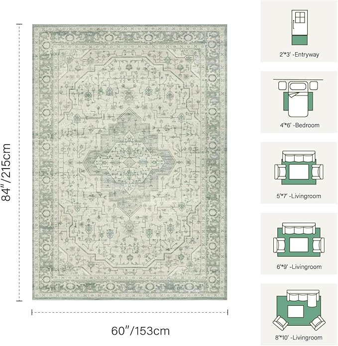 5X7 Washable Area Rug for Living Room, Vintage Large Boho Rugs for Office, Dining Room, Kids Room, Farmhouse, Durable Low Pile Non Slip Carpet for High Traffic Areas, Sage Green