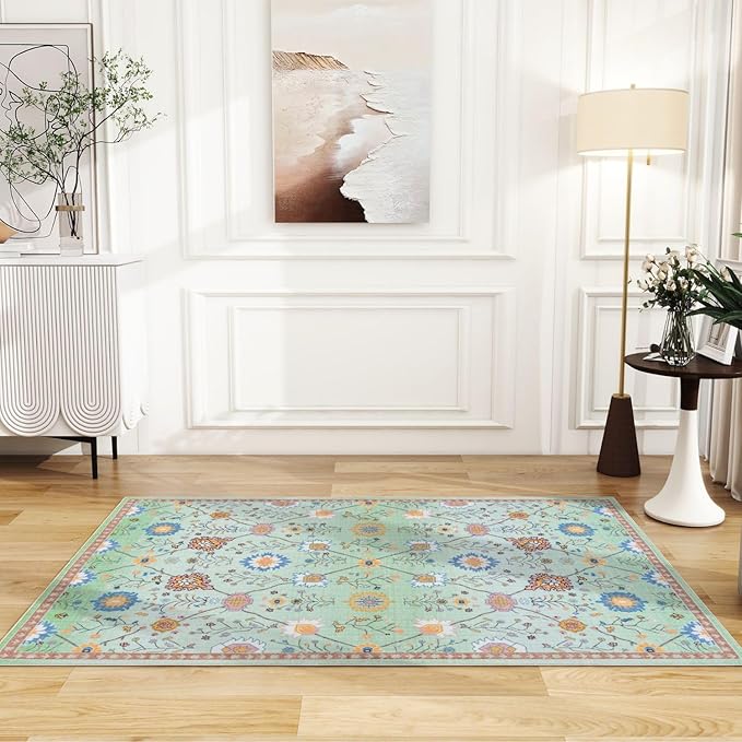 Syalife 3x5 Area Rugs, Non Slip Washable Low Pile Rugs for Living Room, Kitchen, Hallway, Bedroom Bedside, Kids Room, College Dorm (Green Floral, 3'x5')